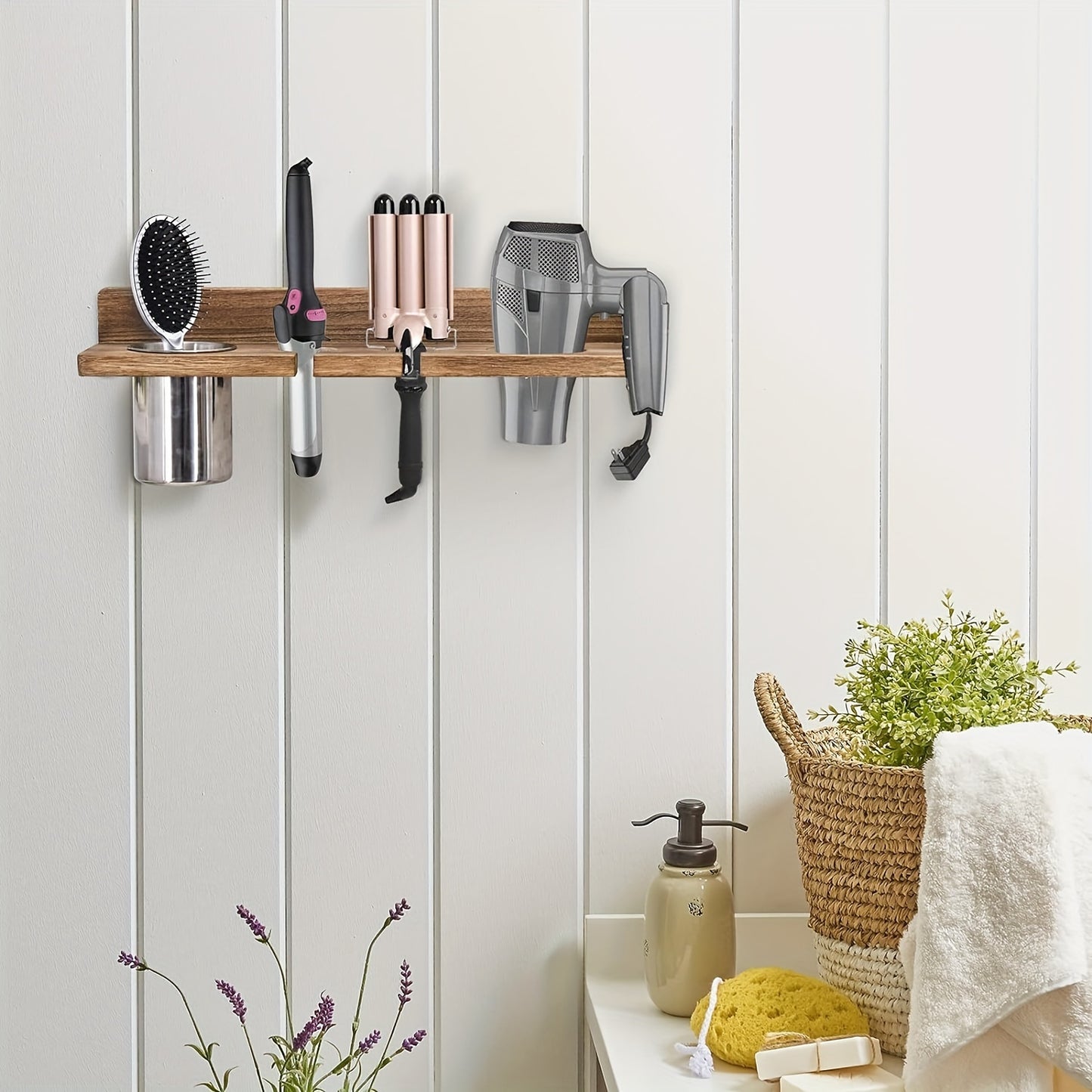 Rustic Wooden Hair Dryer Holder - Wall Mounted Organizer for Blow Dryers, Flat Irons, Curling Wands & Brushes - Space-Saving Bathroom Storage Solution, Hair Styling Tools, Hair Straighteners