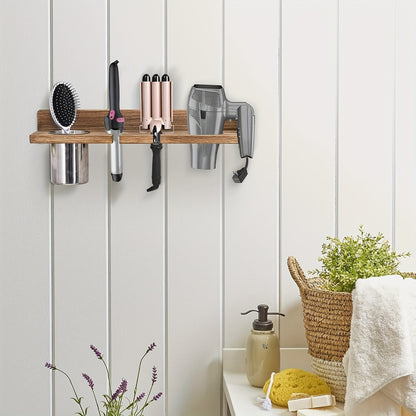 Rustic Wooden Hair Dryer Holder - Wall Mounted Organizer for Blow Dryers, Flat Irons, Curling Wands & Brushes - Space-Saving Bathroom Storage Solution, Hair Styling Tools, Hair Straighteners