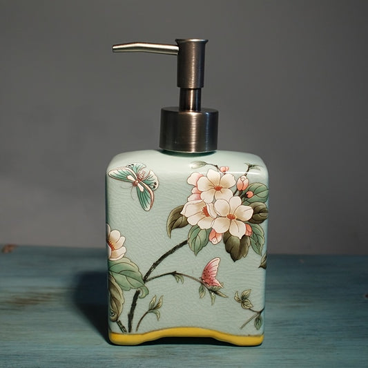 1pc Ceramic Soap Dispenser Bottle with Floral Peony Design - Vibrant Yellow & Blue, Freestanding Bathroom Countertop Decor, PVC-Free, Manual Pump for Hand Soap, Lotion, Shampoo, Soap Dispenser Bathroom, Pvcfree Ceramic