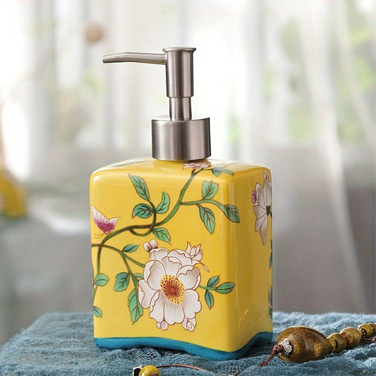 1pc Ceramic Soap Dispenser Bottle with Floral Peony Design - Vibrant Yellow & Blue, Freestanding Bathroom Countertop Decor, PVC-Free, Manual Pump for Hand Soap, Lotion, Shampoo, Soap Dispenser Bathroom, Pvcfree Ceramic