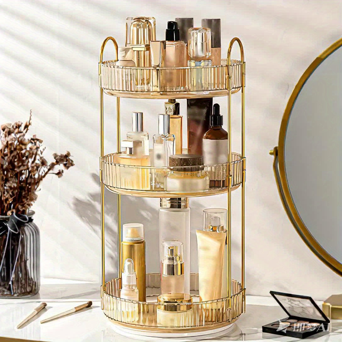 Luxury 3-Tier Rotating Vanity Organizer Rack, Freestanding Plastic Bathroom Shelf for Cosmetics, Perfumes, Skincare - Versatile Storage for Bathroom, Kitchen Countertop
