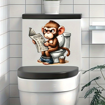1pc Newspaper-Reading Monkey Toilet Sticker, Animal Series, Self-Adhesive, Ceramic-Compatible, Bathroom Decor, Lid & Tank Decal, Square, Semi-Gloss Finish