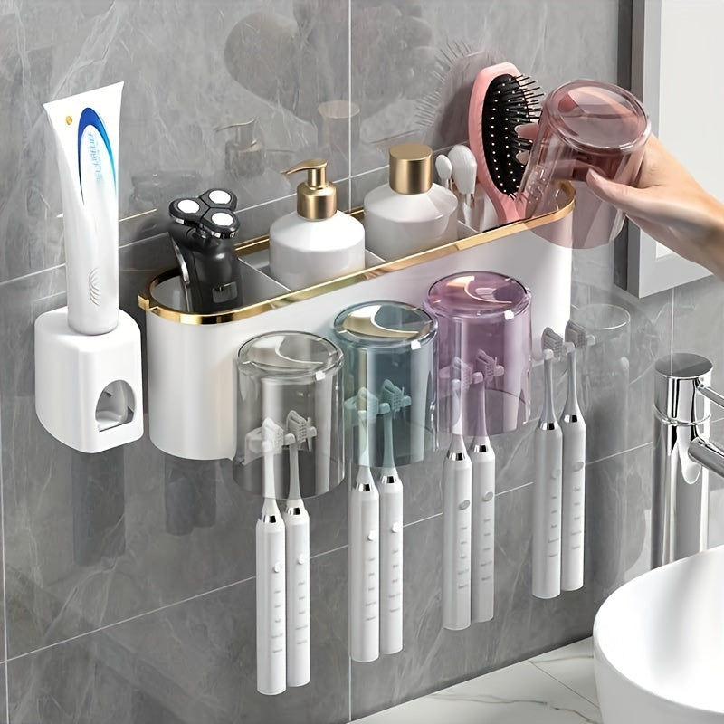 Wall-Mounted Toothbrush Holder Set with Adhesive, No-Drill Installation, Bathroom Storage Organizer with Multiple Slots for Toothbrushes, Toothpaste, Razor, and Tooth-Mug Cups - Unscented, Use Without Power