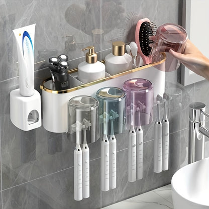 Wall-Mounted Toothbrush Holder Set with Adhesive, No-Drill Installation, Bathroom Storage Organizer with Multiple Slots for Toothbrushes, Toothpaste, Razor, and Tooth-Mug Cups - Unscented, Use Without Power