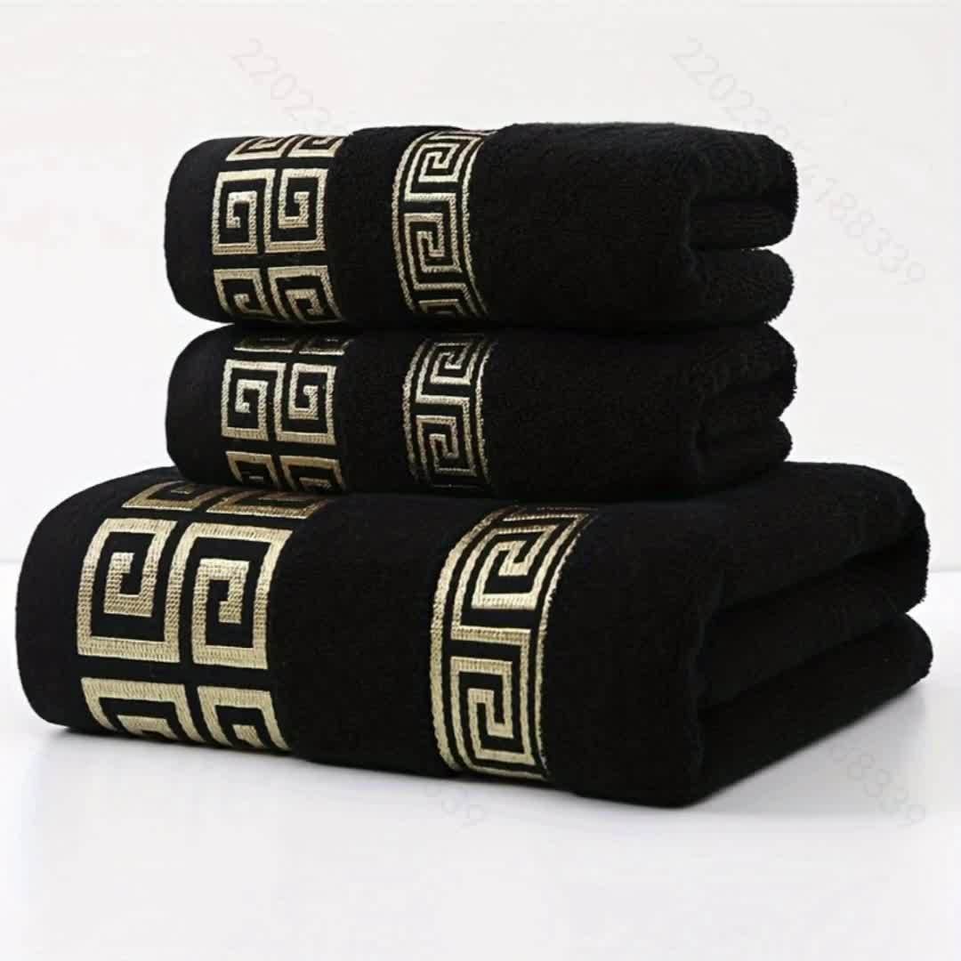 3pcs 100% Cotton Towel Set (1 Bath Towel, 2 Washcloths) GSM410, Exquisite Embroidery, Geometric Pattern, Luxury Style Bath Towel, Very Soft, Very Absorbent, Not Easy to Shed And Not Easy to Fade, Bathroom Essentials, Suitable