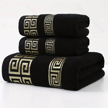 3pcs 100% Cotton Towel Set (1 Bath Towel, 2 Washcloths) GSM410, Exquisite Embroidery, Geometric Pattern, Luxury Style Bath Towel, Very Soft, Very Absorbent, Not Easy to Shed And Not Easy to Fade, Bathroom Essentials, Suitable