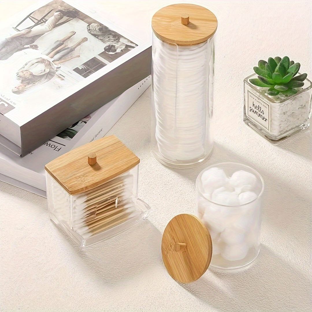 3pcs Makeup Organizer Set with Bamboo Lids - Dust-Proof, Portable Swab & Pad Holder for Bathroom Vanity