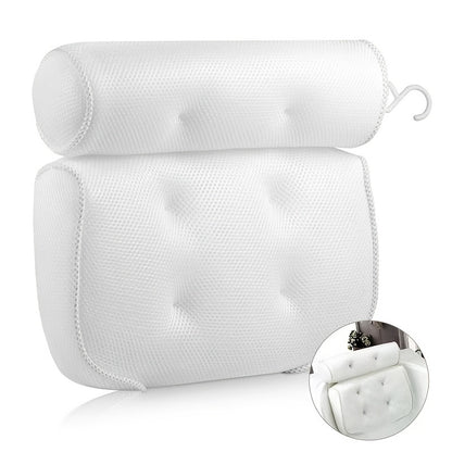 Non-Slip Bath Pillow for Neck & Back Support - Spa-Grade 100% Polyester Bubble Massage Cushion with Anti-Slip Suction Cups, White Bathroom Accessory for Relaxing Soaks & Relax