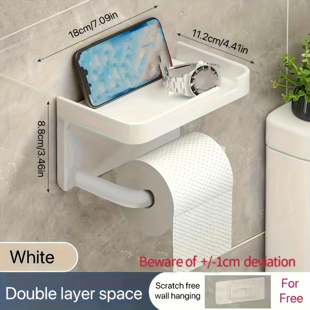 Wall-Mounted Toilet Paper Holder with Shelf and Phone Holder, Plastic, Self-Adhesive, No-Drill for Bathroom Tissue Roll Dispenser