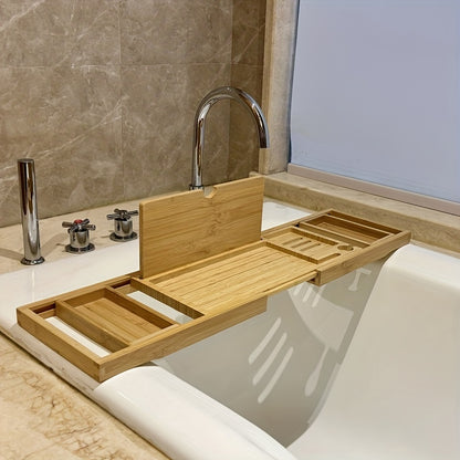 A bathtub tray, luxurious bamboo bathtub tray - adjustable natural bamboo bathtub storage rack, with wine rack, cup holder, soap dish, book space and mobile phone slot, suitable for SPA, bathroom and shower. Bamboo bathtub ra