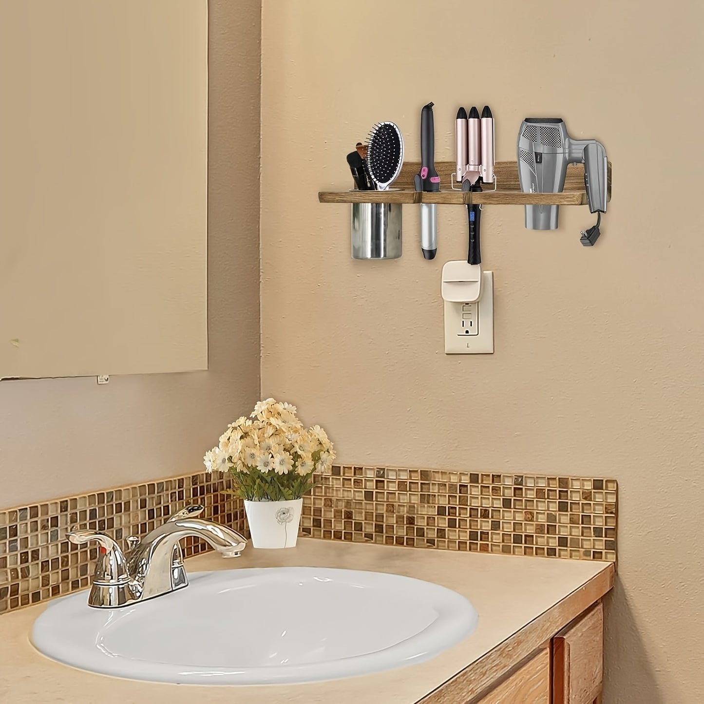 Rustic Wooden Hair Dryer Holder - Wall Mounted Organizer for Blow Dryers, Flat Irons, Curling Wands & Brushes - Space-Saving Bathroom Storage Solution, Hair Styling Tools, Hair Straighteners