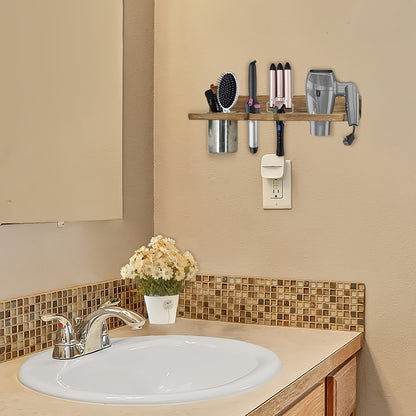 Rustic Wooden Hair Dryer Holder - Wall Mounted Organizer for Blow Dryers, Flat Irons, Curling Wands & Brushes - Space-Saving Bathroom Storage Solution, Hair Styling Tools, Hair Straighteners