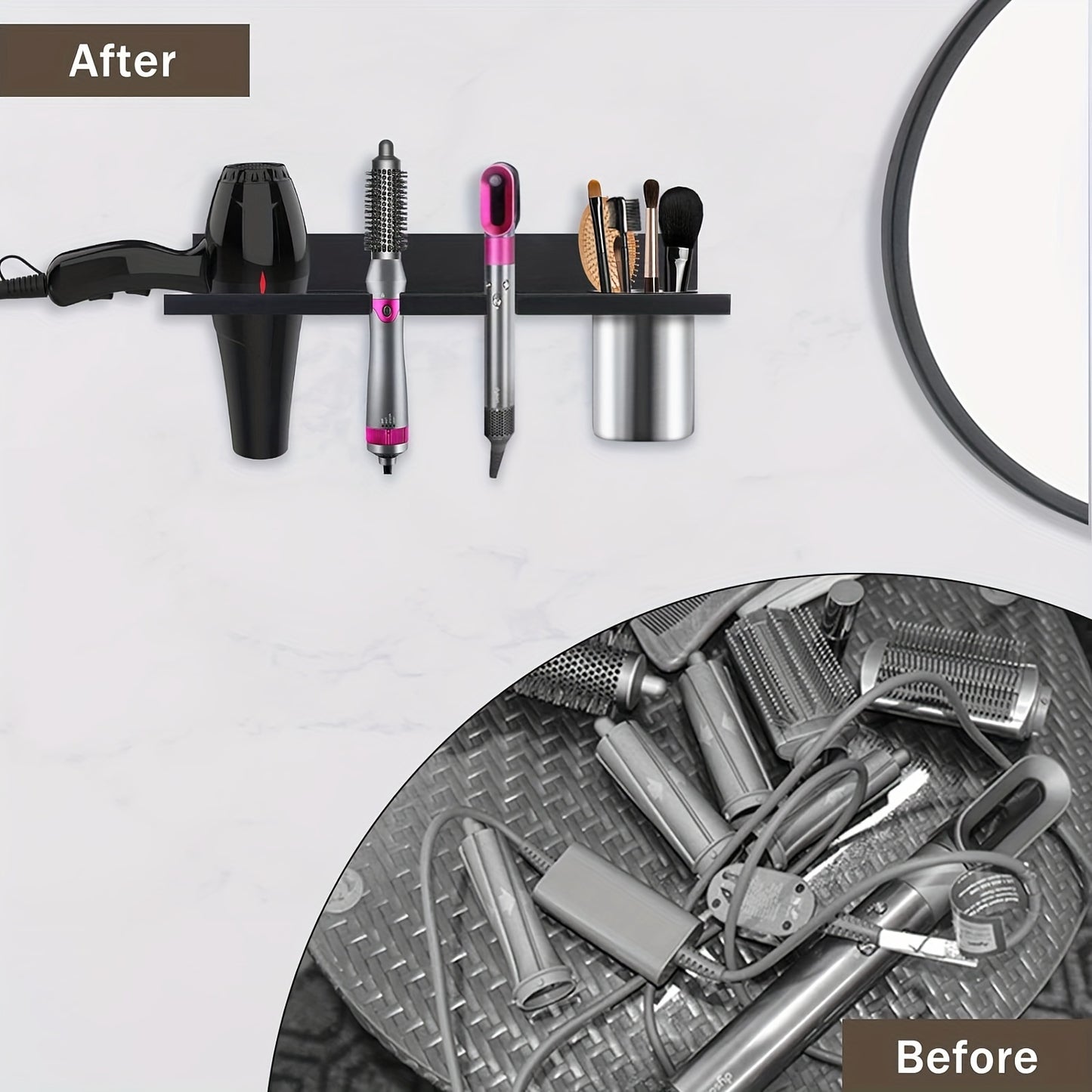 Rustic Wooden Hair Dryer Holder - Wall Mounted Organizer for Blow Dryers, Flat Irons, Curling Wands & Brushes - Space-Saving Bathroom Storage Solution, Hair Styling Tools, Hair Straighteners