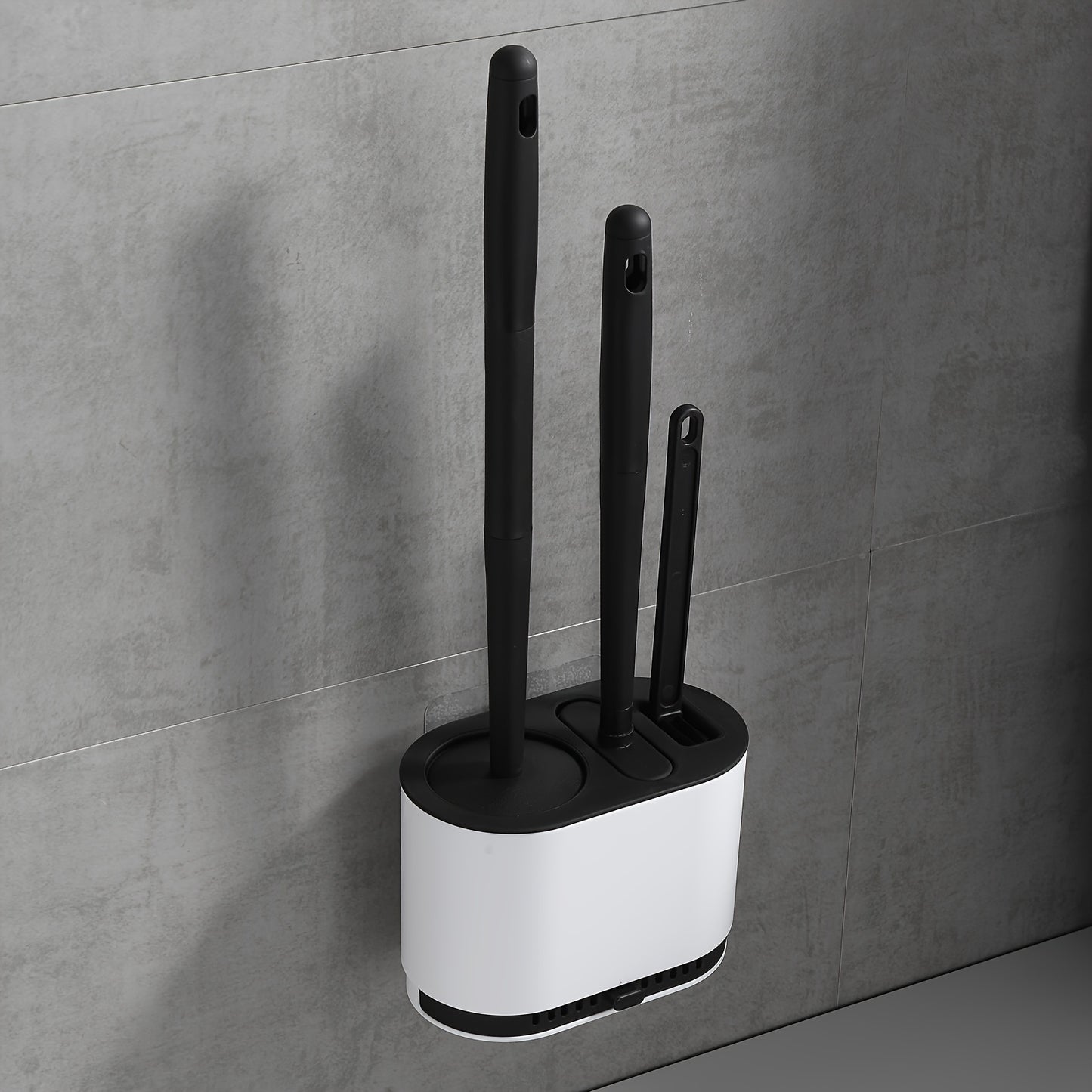 3pcs Modern Bathroom Toilet Brush Set with Long Handle, Wall-Mounted Holder, Hard Bristle Brushes, No-Drill Installation, Plastic Material, Electricity-Free Use