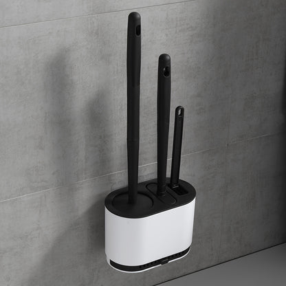 3pcs Modern Bathroom Toilet Brush Set with Long Handle, Wall-Mounted Holder, Hard Bristle Brushes, No-Drill Installation, Plastic Material, Electricity-Free Use