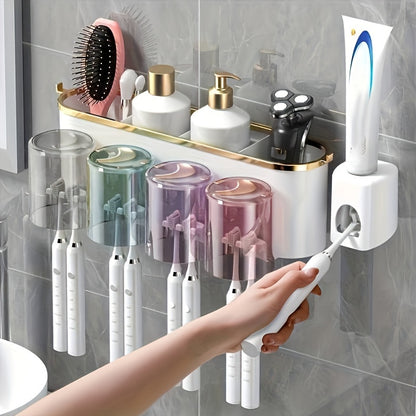 Wall-Mounted Toothbrush Holder Set with Adhesive, No-Drill Installation, Bathroom Storage Organizer with Multiple Slots for Toothbrushes, Toothpaste, Razor, and Tooth-Mug Cups - Unscented, Use Without Power